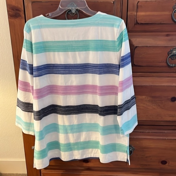 NWOT Talbots Blue, White And Purple Striped Top With Three-Quarter Sleeves - Picture 5 of 9